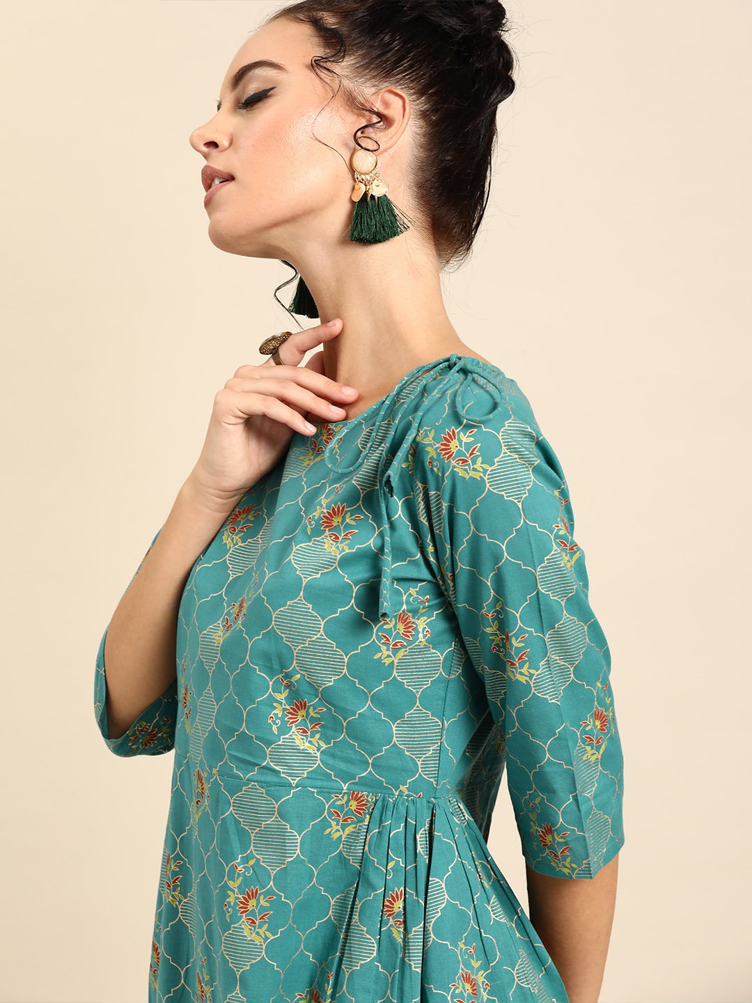 Women Firozi Three-Quarter Sleeves Asymmetric Peplum Kurta with Dhoti Pants | NOZ2TOZ - Made In INDIA.