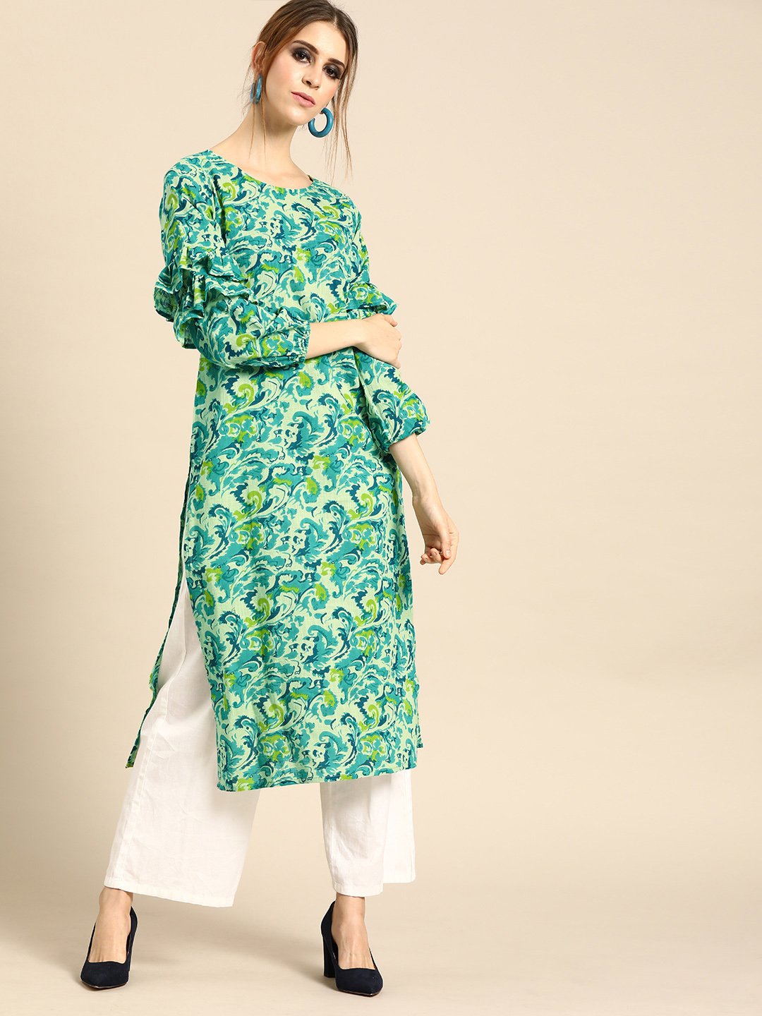 Women Green Calf Length Long Sleeves Straight Floral Printed Cotton Kurta | NOZ2TOZ - Made In INDIA.