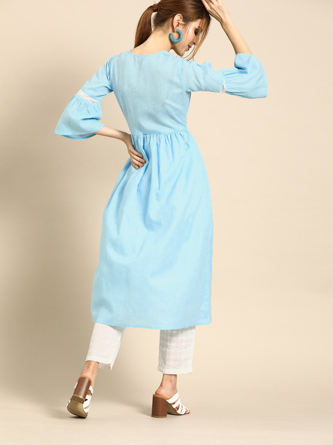 Women Blue & White Solid Kurta with Schiffli Trousers | NOZ2TOZ - Made In INDIA.