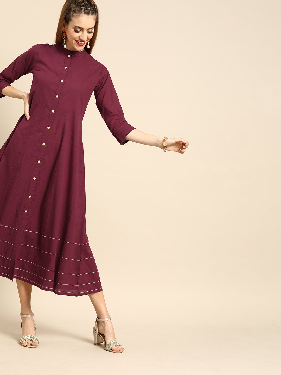 Women Burgundy Solid Solid Mandarin Collar Fit and Flare Dress | NOZ2TOZ - Made In INDIA.