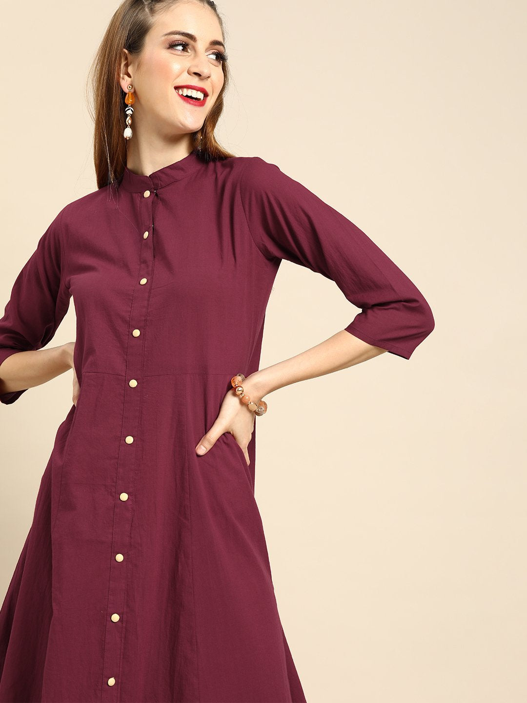 Women Burgundy Solid Solid Mandarin Collar Fit and Flare Dress | NOZ2TOZ - Made In INDIA.