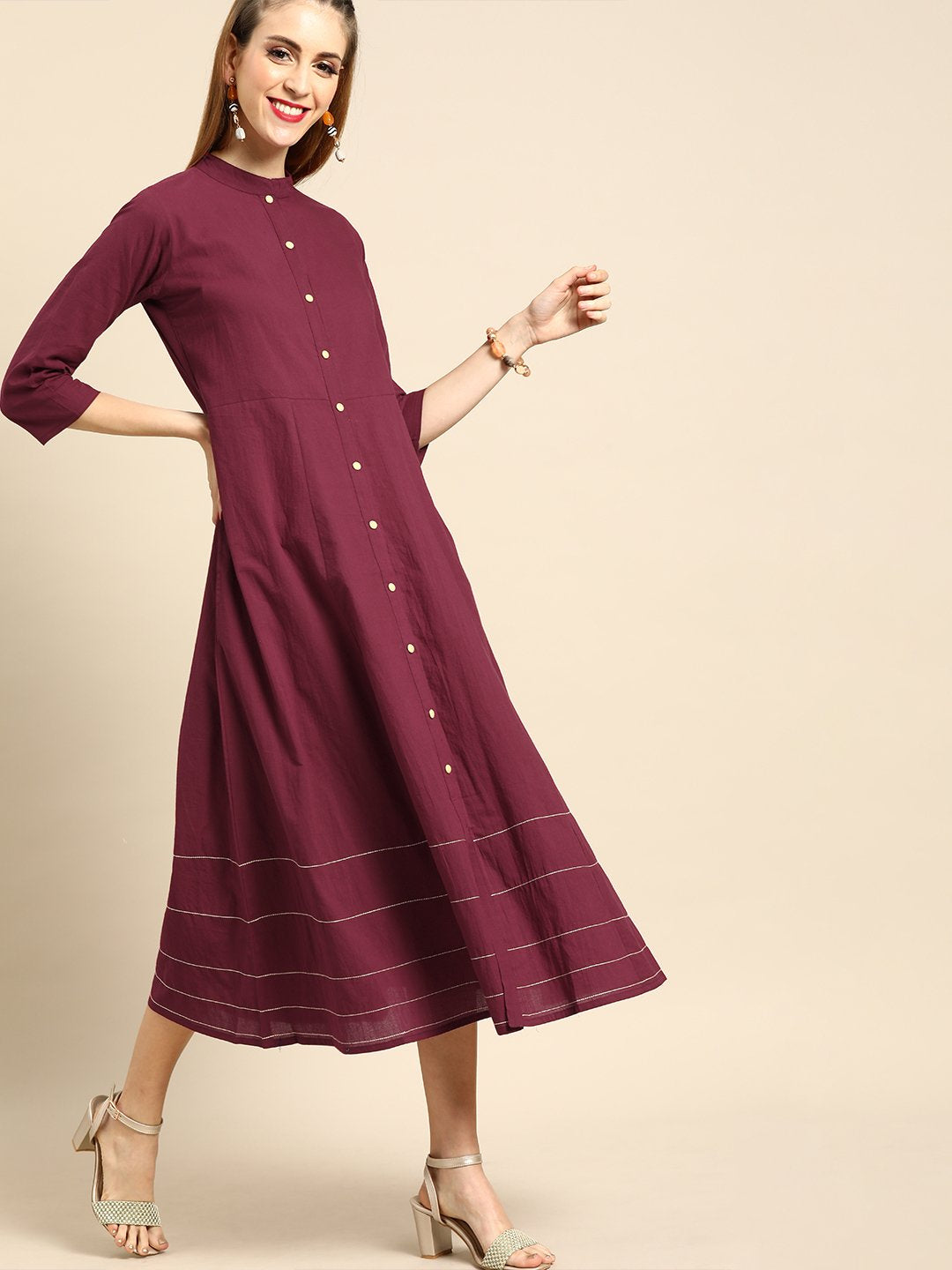 Women Burgundy Solid Solid Mandarin Collar Fit and Flare Dress | NOZ2TOZ - Made In INDIA.