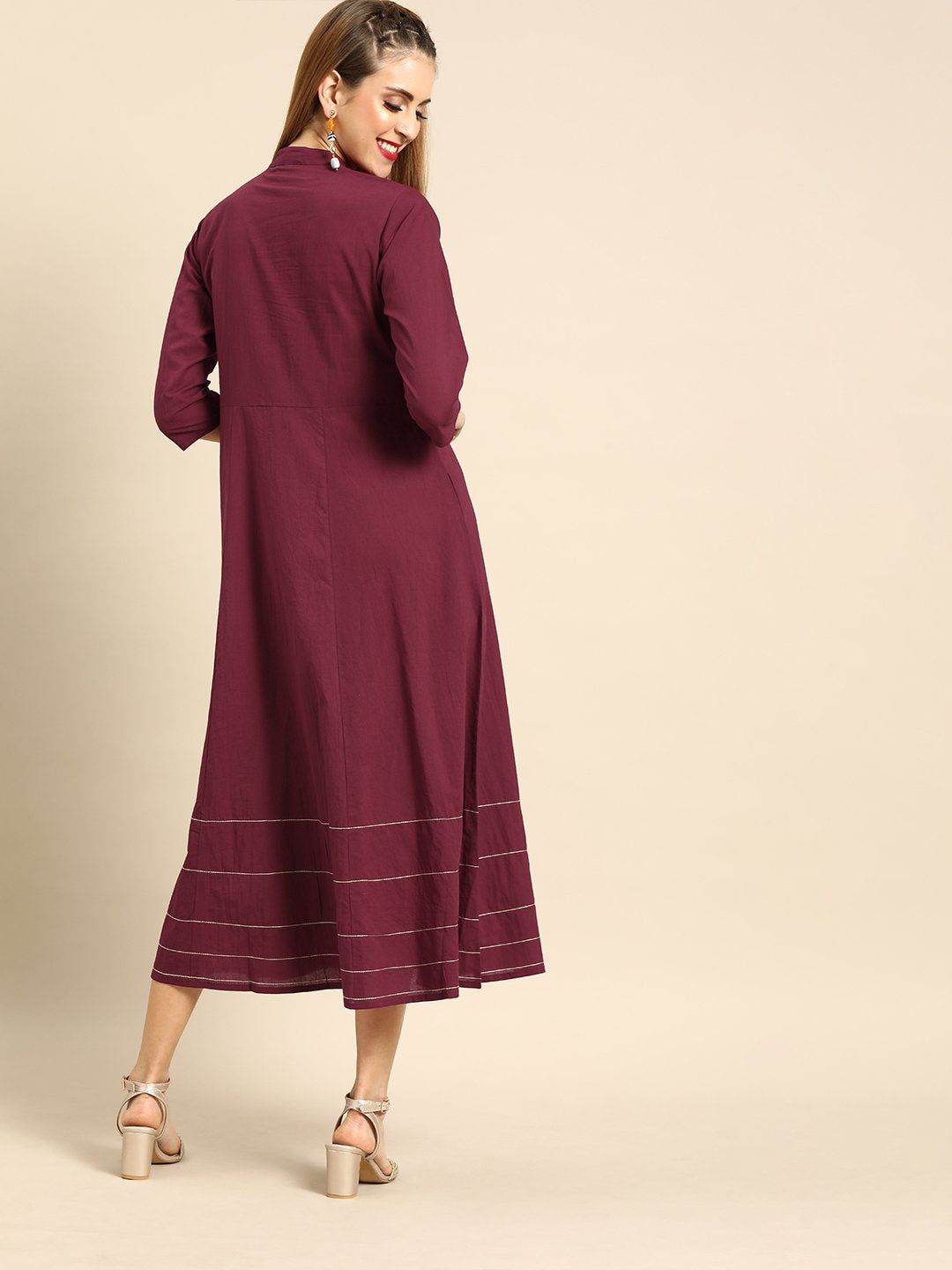 Women Burgundy Solid Solid Mandarin Collar Fit and Flare Dress | NOZ2TOZ - Made In INDIA.