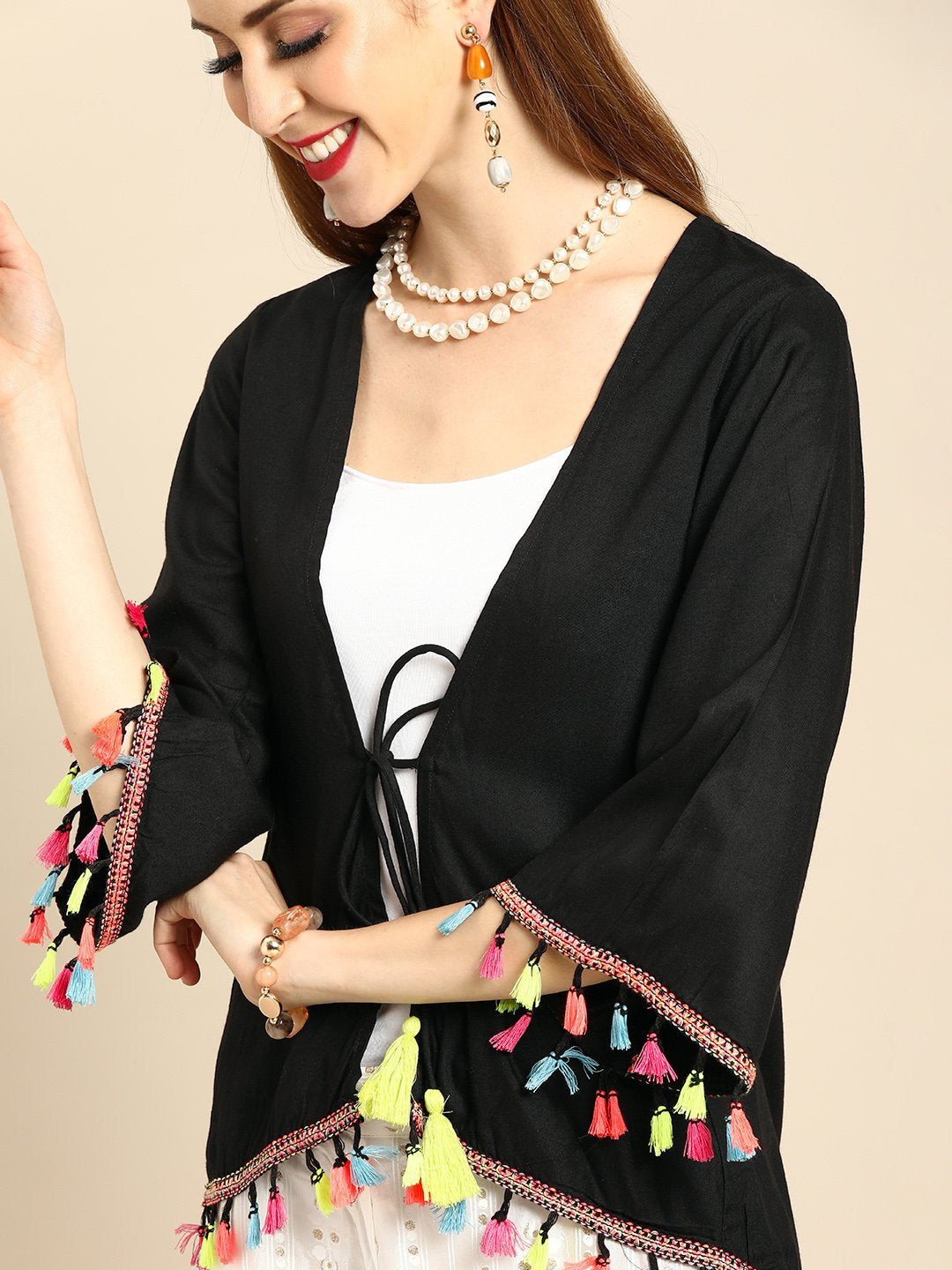 Women Solid Black Shrug With Tassle and Pom Pom Detail | NOZ2TOZ - Made In INDIA.