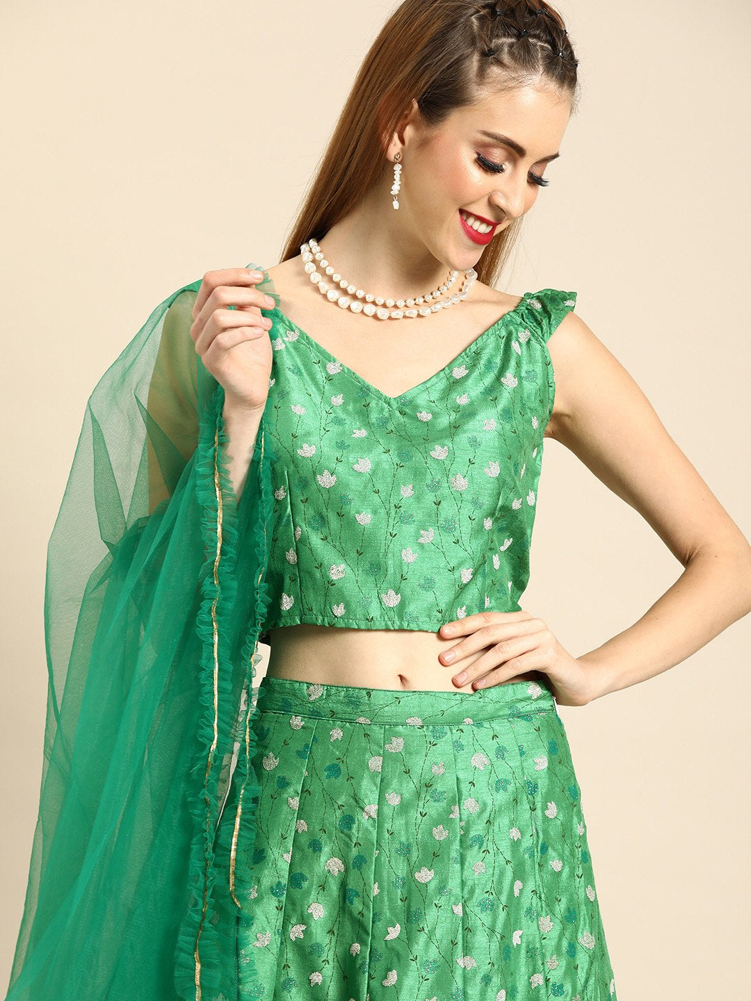 Women Green Printed Dola Silk Lehenga Choli with Dupatta | NOZ2TOZ - Made In INDIA.