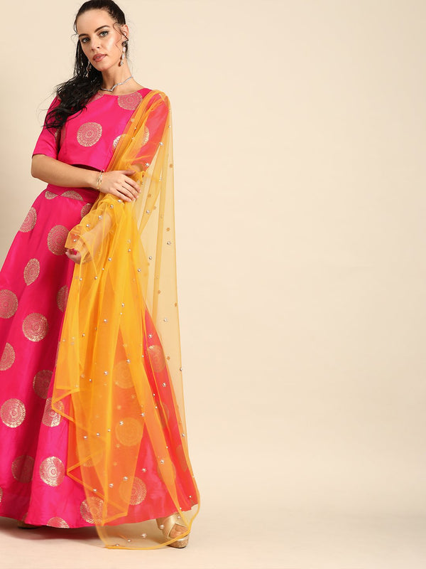 Women Pink Broked Jaqard Lehenga Choli with Dupatta | NOZ2TOZ - Made In INDIA.