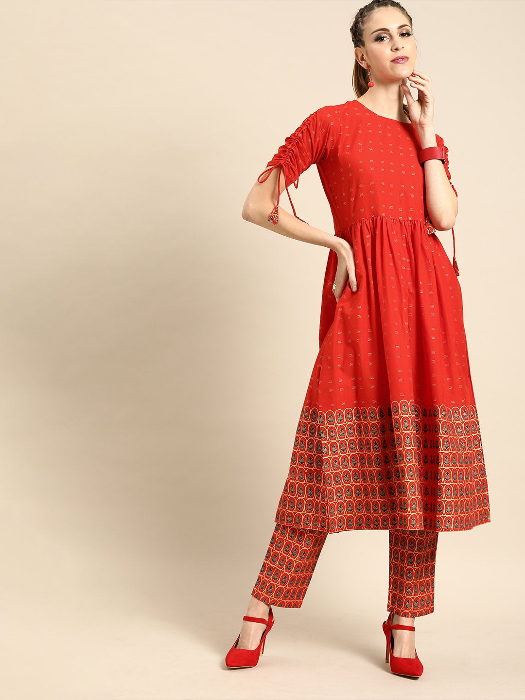 Women Red Short Sleeves Flared Gathered Kurta With Palazzo | NOZ2TOZ - Made In INDIA.