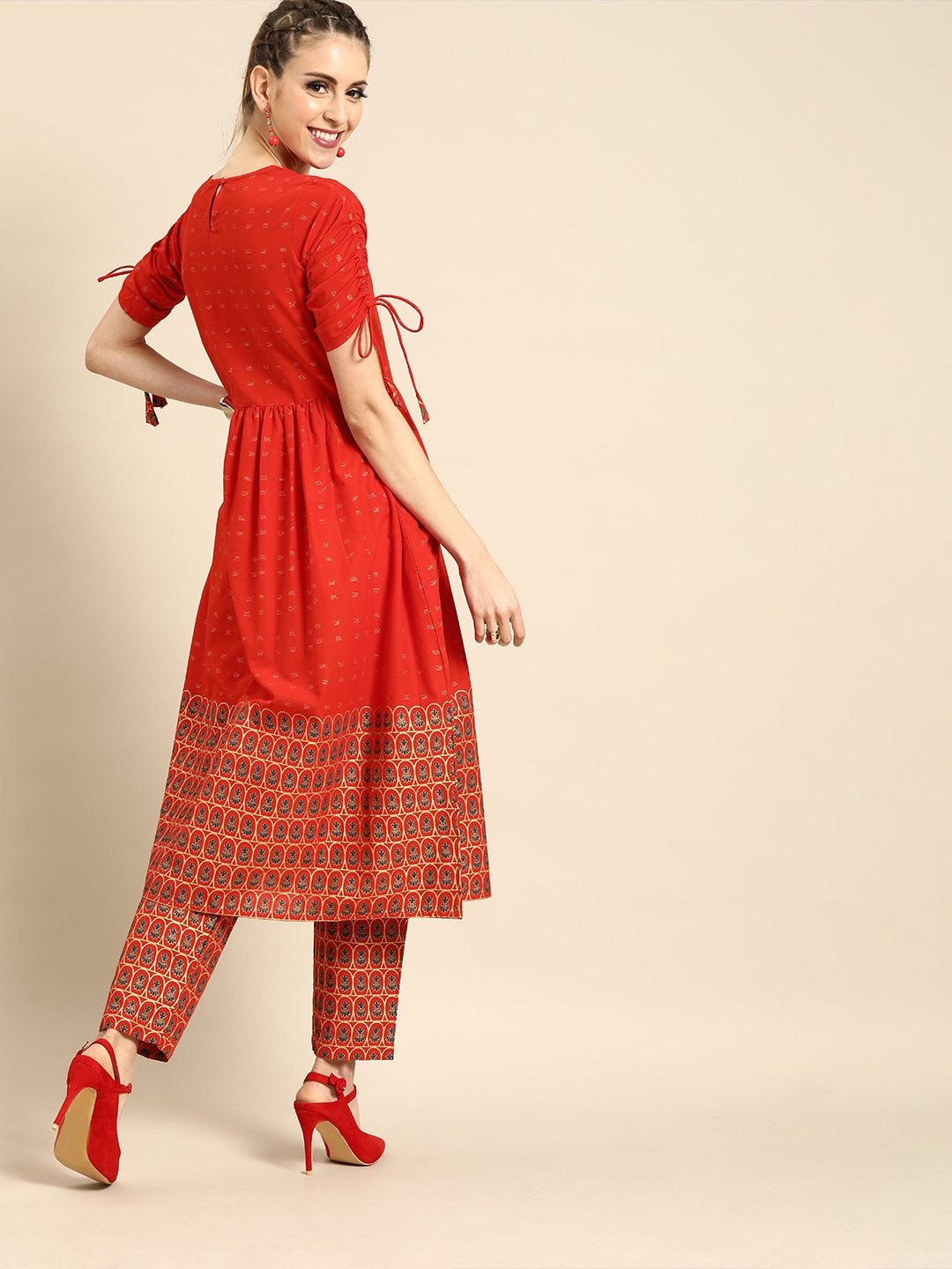 Women Red Short Sleeves Flared Gathered Kurta With Palazzo | NOZ2TOZ - Made In INDIA.