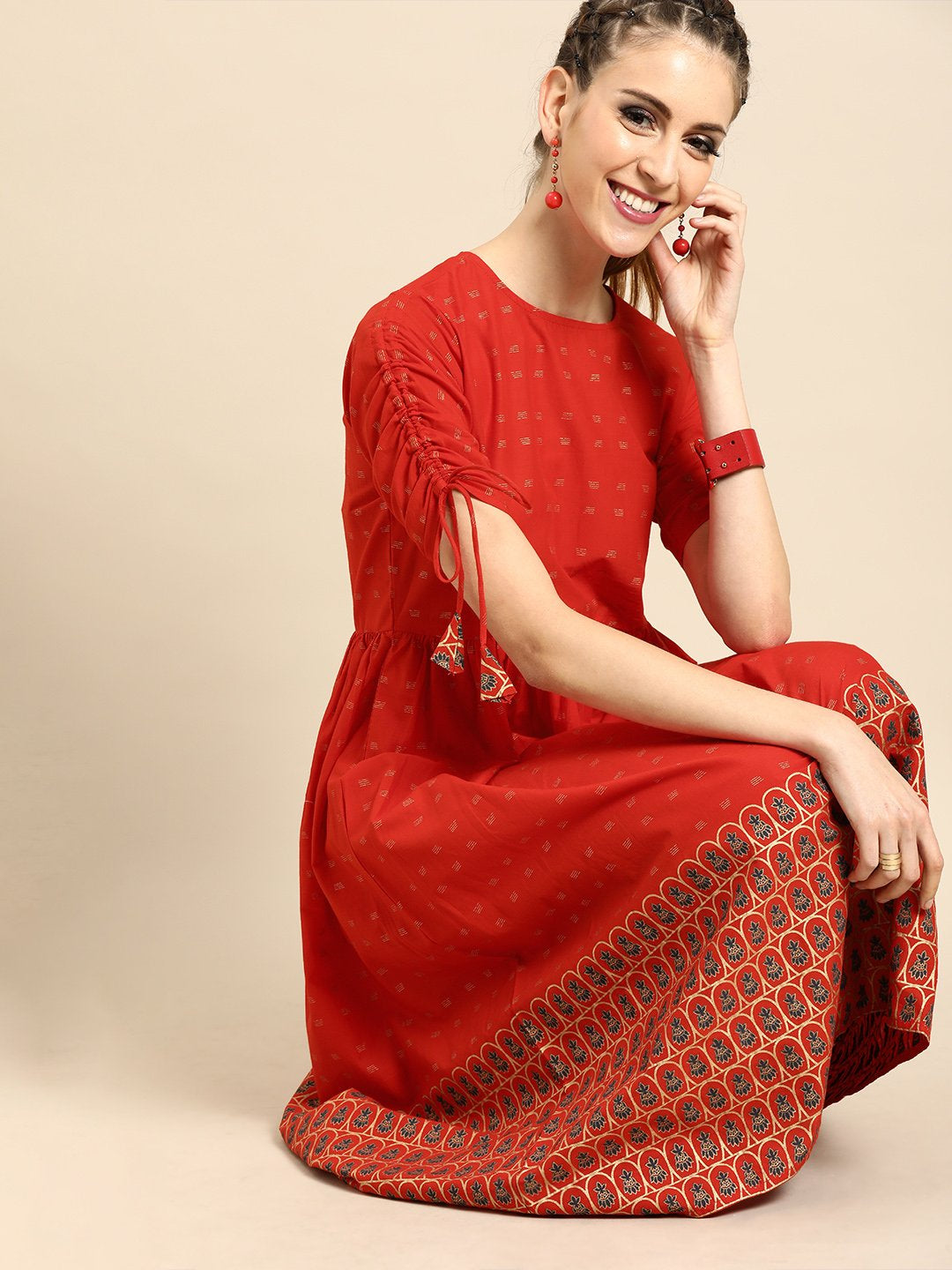 Women Red Short Sleeves Flared Gathered Kurta With Palazzo | NOZ2TOZ - Made In INDIA.