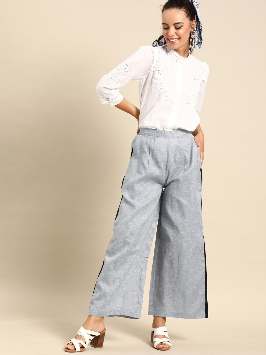 Women Grey  Self Design Cotton Wide Leg Palazzo | NOZ2TOZ - Made In INDIA.