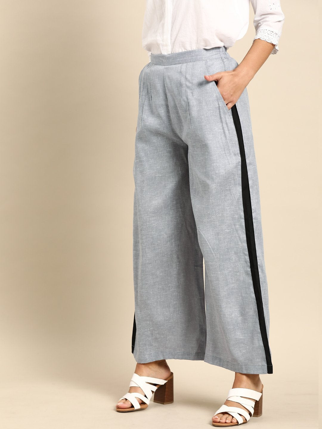 Women Grey  Self Design Cotton Wide Leg Palazzo | NOZ2TOZ - Made In INDIA.