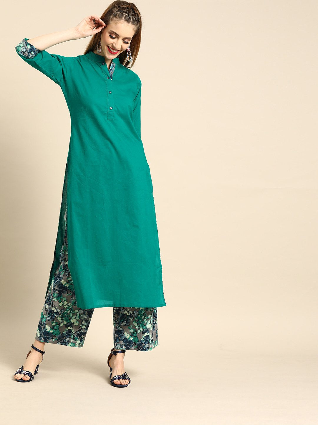 Women Green Three-Quarter Sleeves Straight Straight Kurta with Palazzo | NOZ2TOZ - Made In INDIA.