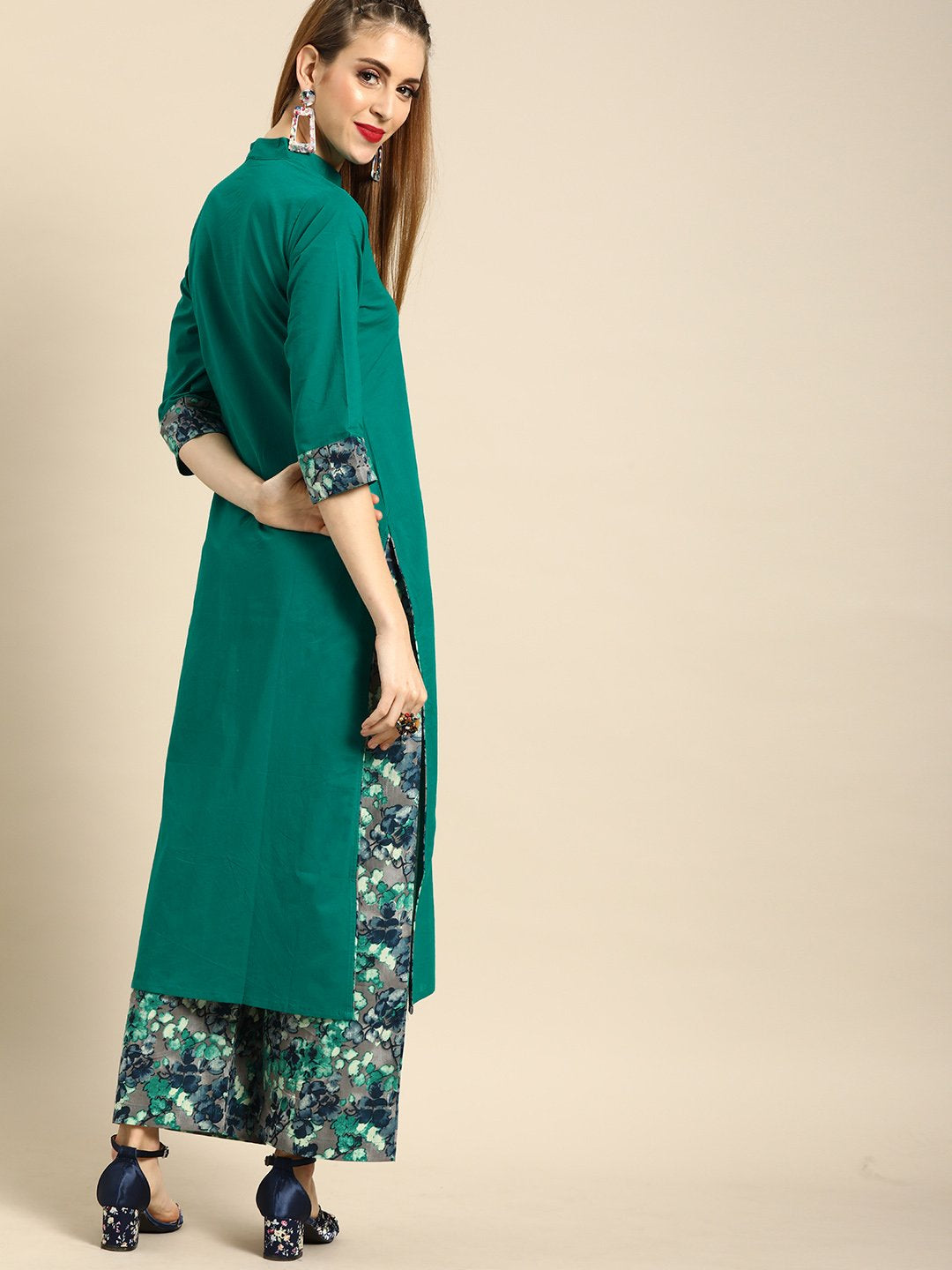 Women Green Three-Quarter Sleeves Straight Straight Kurta with Palazzo | NOZ2TOZ - Made In INDIA.