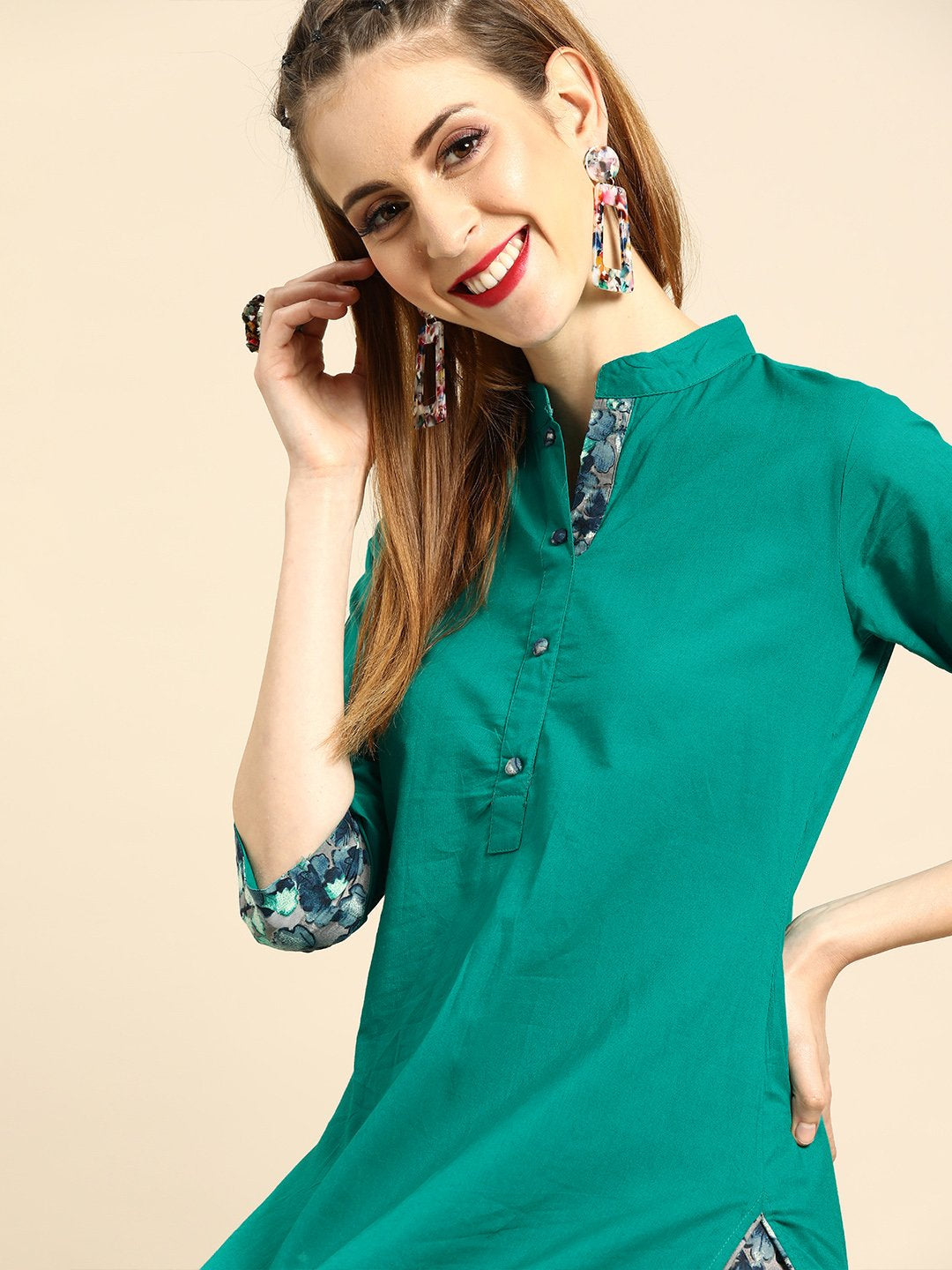 Women Green Three-Quarter Sleeves Straight Straight Kurta with Palazzo | NOZ2TOZ - Made In INDIA.