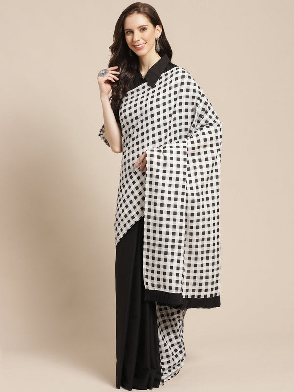 Women Black Checked Saree With 3/4th sleeve blouse | NOZ2TOZ - Made In INDIA.