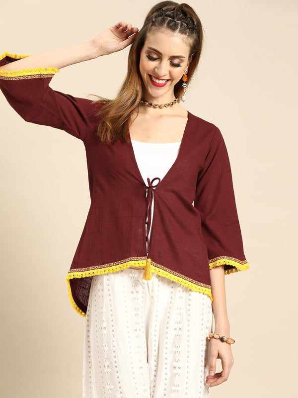 Women Solid Maroon Shrug With Tassle and Lace Detail | NOZ2TOZ - Made In INDIA.