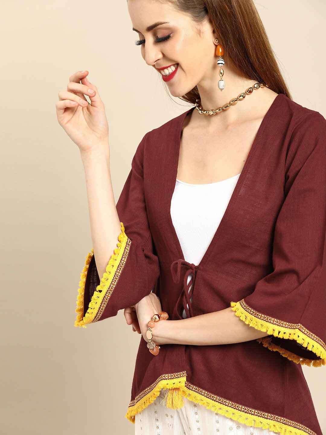 Women Solid Maroon Shrug With Tassle and Lace Detail | NOZ2TOZ - Made In INDIA.