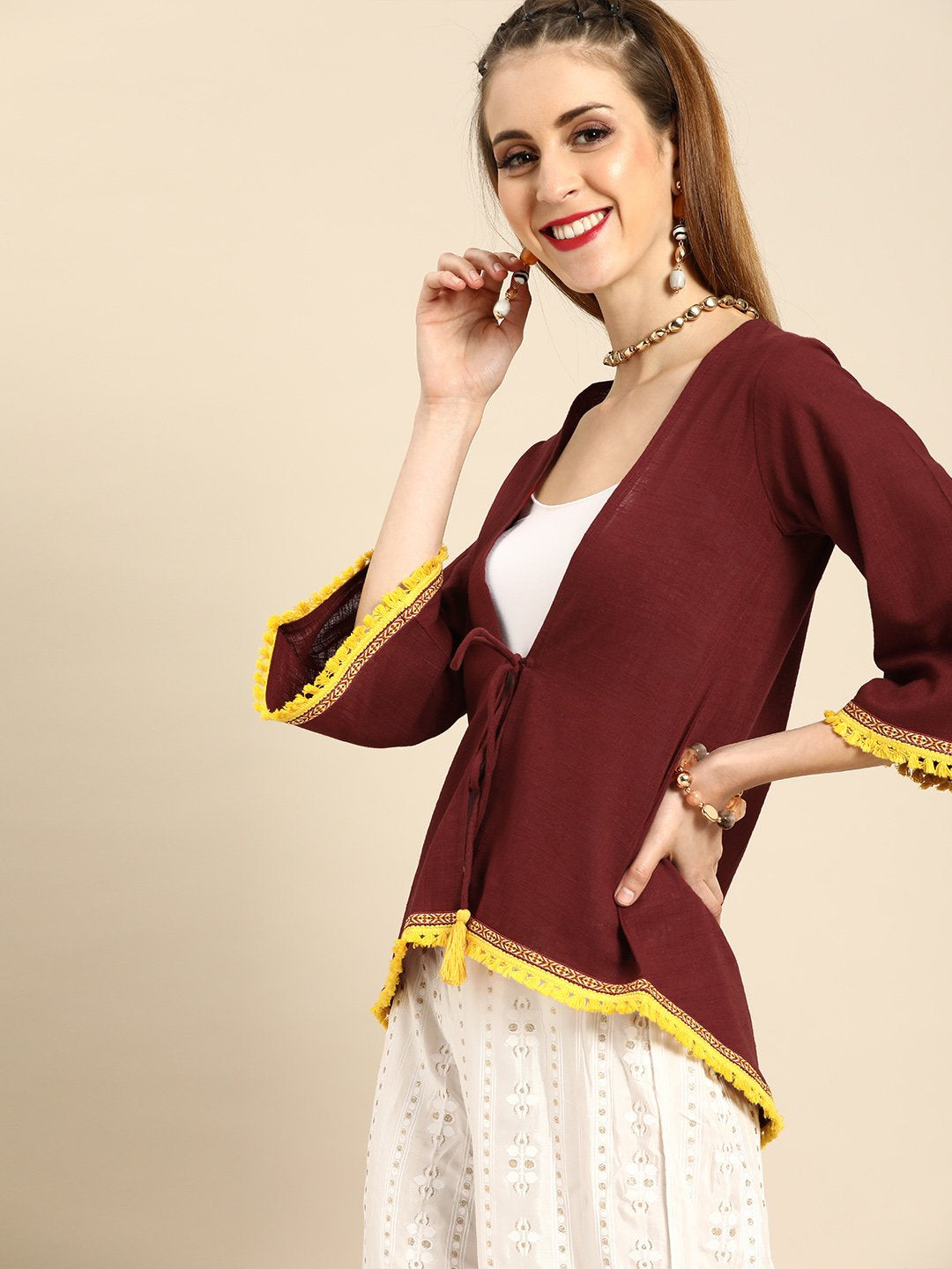 Women Solid Maroon Shrug With Tassle and Lace Detail | NOZ2TOZ - Made In INDIA.