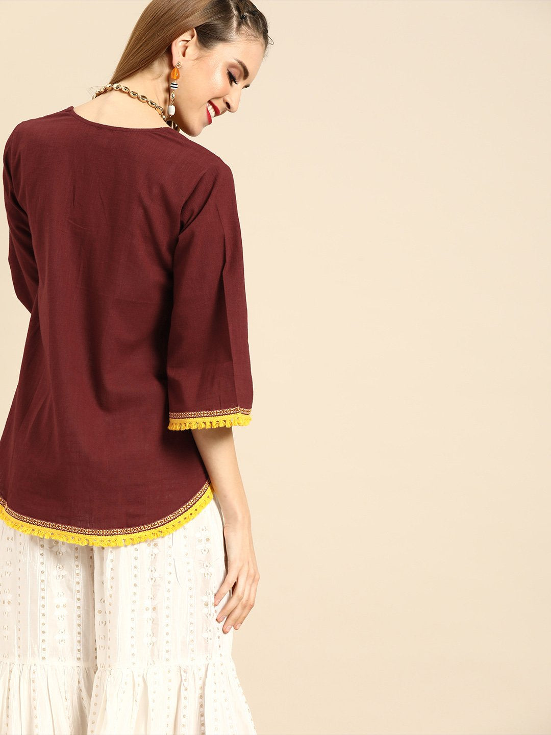 Women Solid Maroon Shrug With Tassle and Lace Detail | NOZ2TOZ - Made In INDIA.