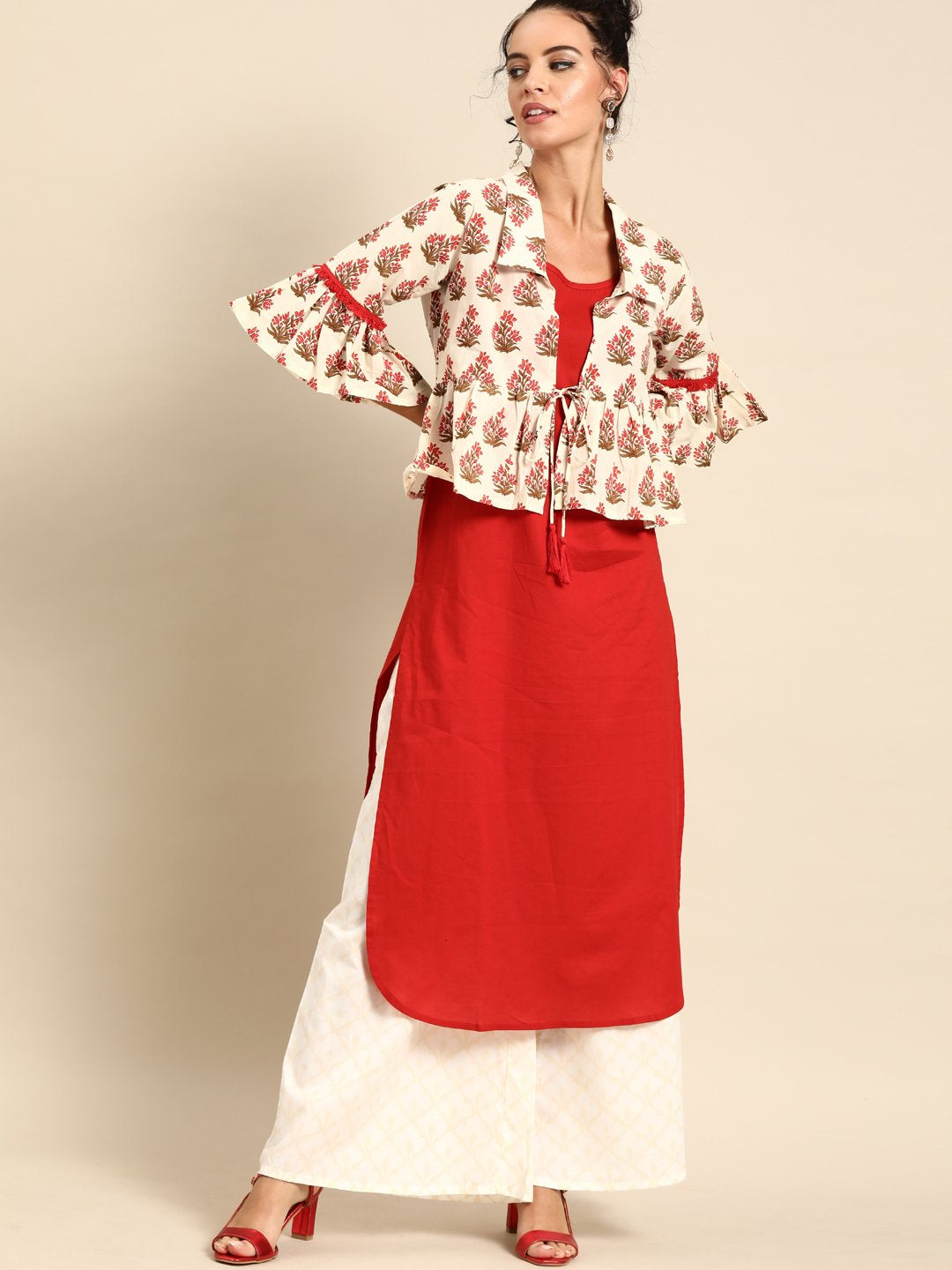 Women Red Calf Length Three-Quarter Sleeves Straight Floral Printed Cotton Kurta with Jacket | NOZ2TOZ - Made In INDIA.