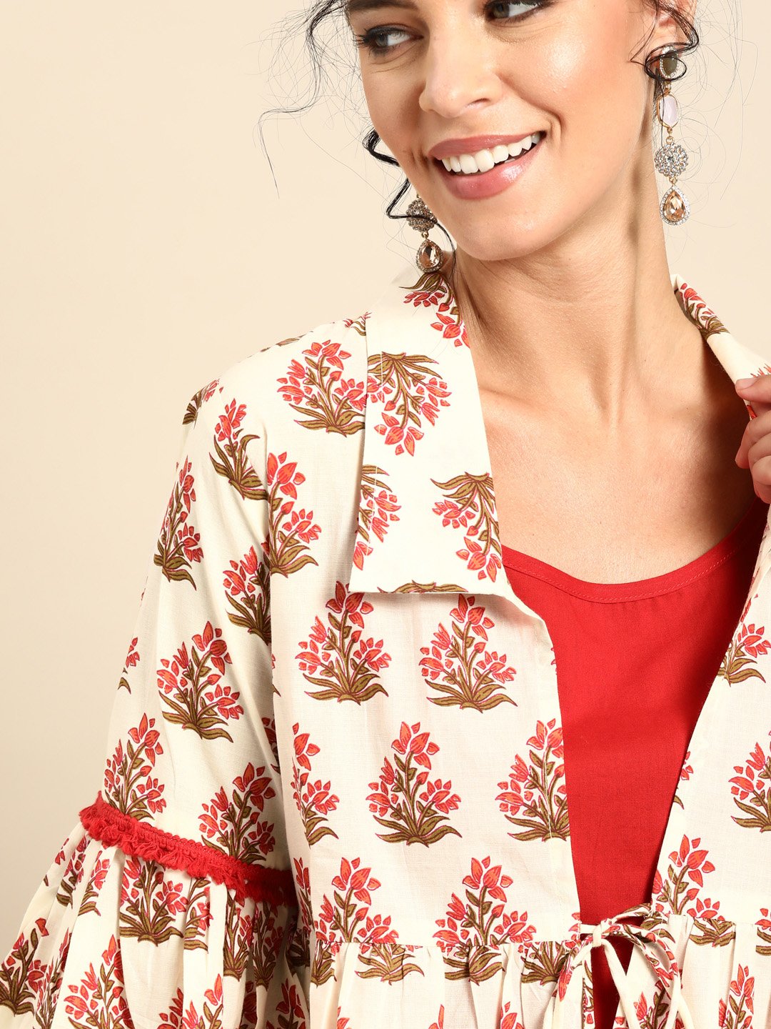 Women Red Calf Length Three-Quarter Sleeves Straight Floral Printed Cotton Kurta with Jacket | NOZ2TOZ - Made In INDIA.