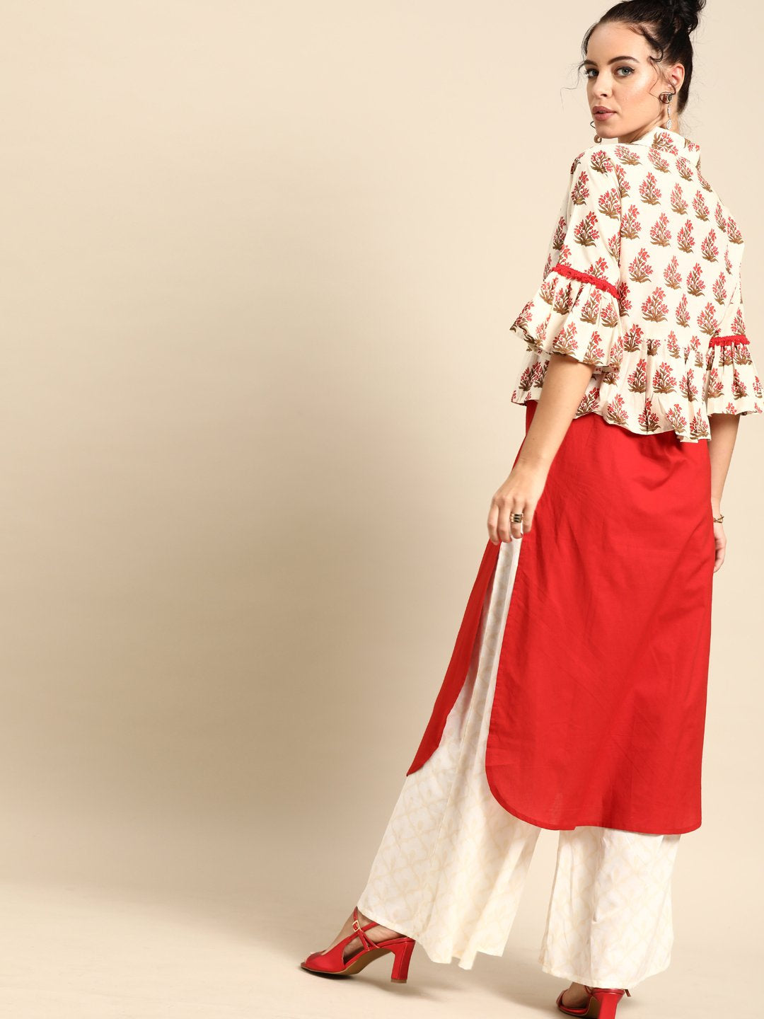 Women Red Calf Length Three-Quarter Sleeves Straight Floral Printed Cotton Kurta with Jacket | NOZ2TOZ - Made In INDIA.