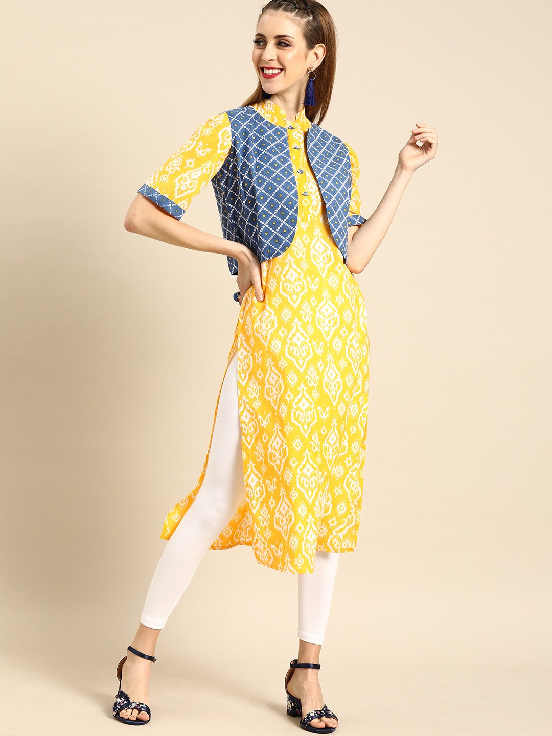 Women Yellow Calf Length Short Sleeves Straight Ethnic Motifs Printed Cotton Kurta with Jacket | NOZ2TOZ - Made In INDIA.