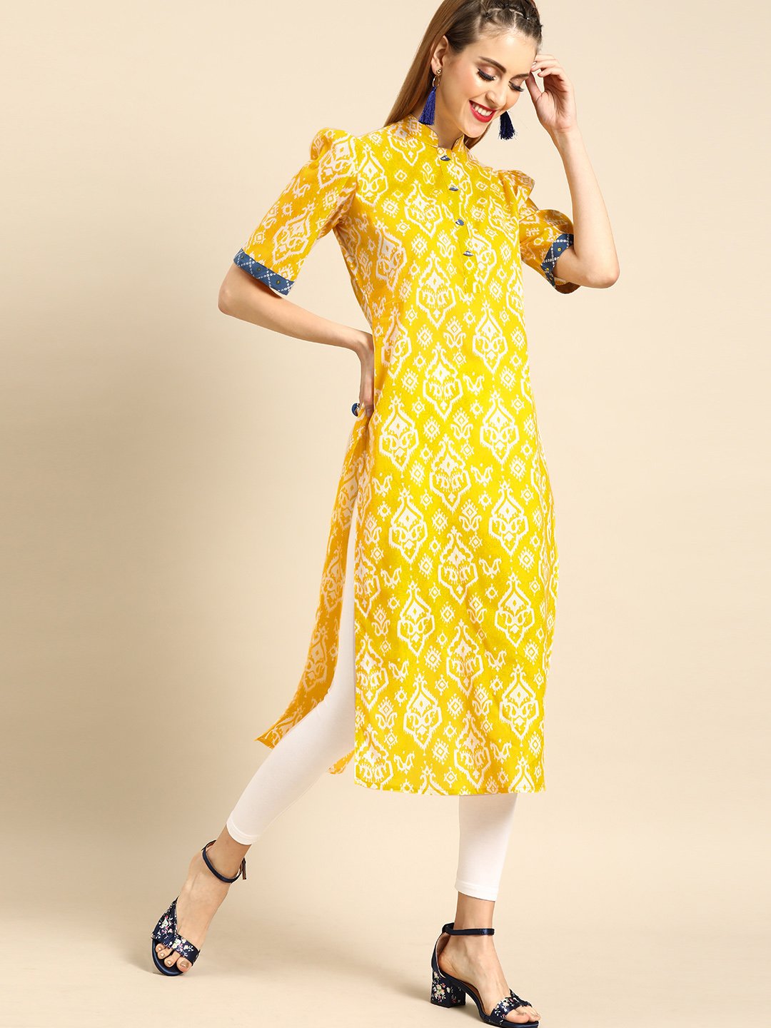 Women Yellow Calf Length Short Sleeves Straight Ethnic Motifs Printed Cotton Kurta with Jacket | NOZ2TOZ - Made In INDIA.