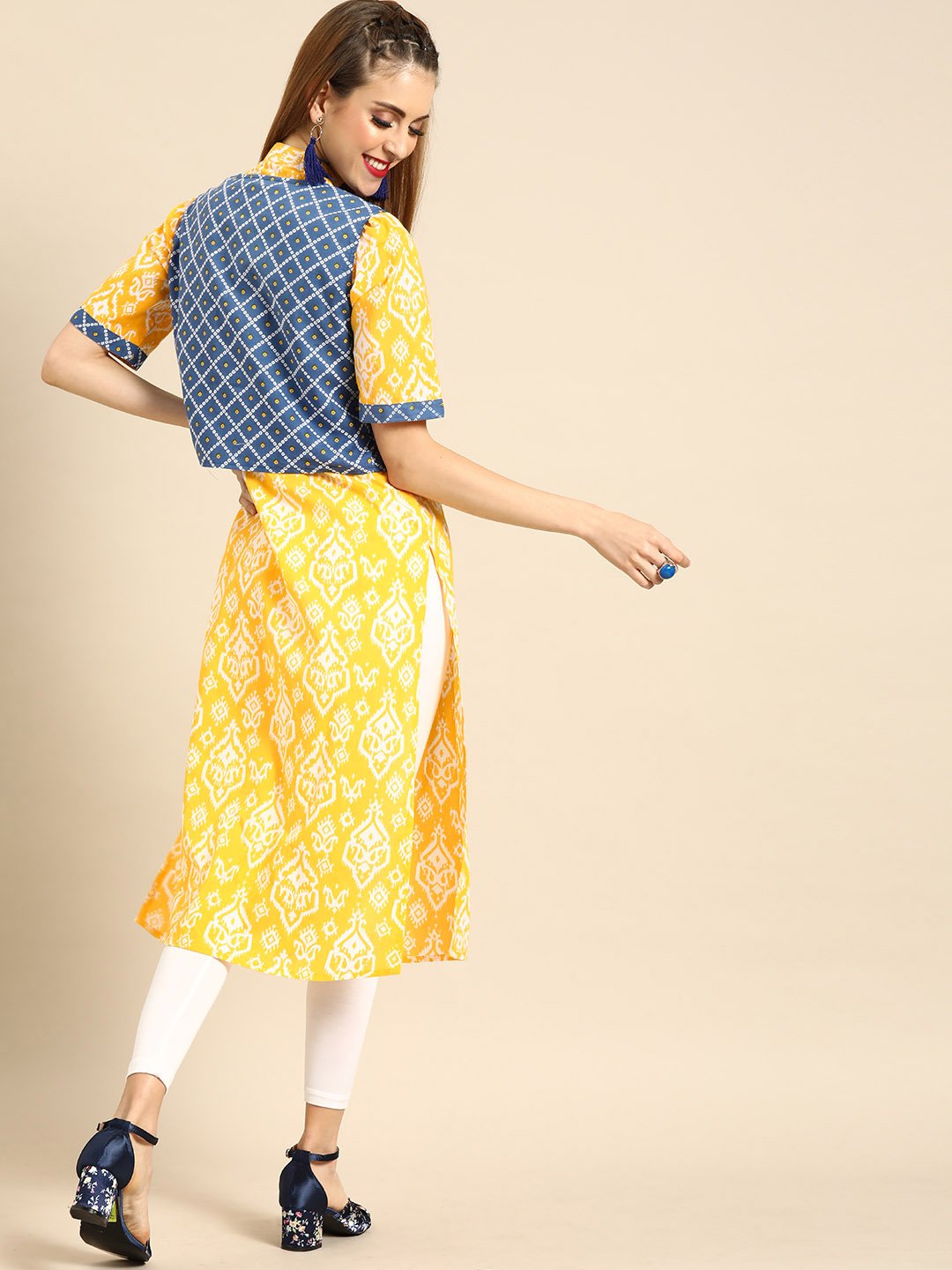 Women Yellow Calf Length Short Sleeves Straight Ethnic Motifs Printed Cotton Kurta with Jacket | NOZ2TOZ - Made In INDIA.