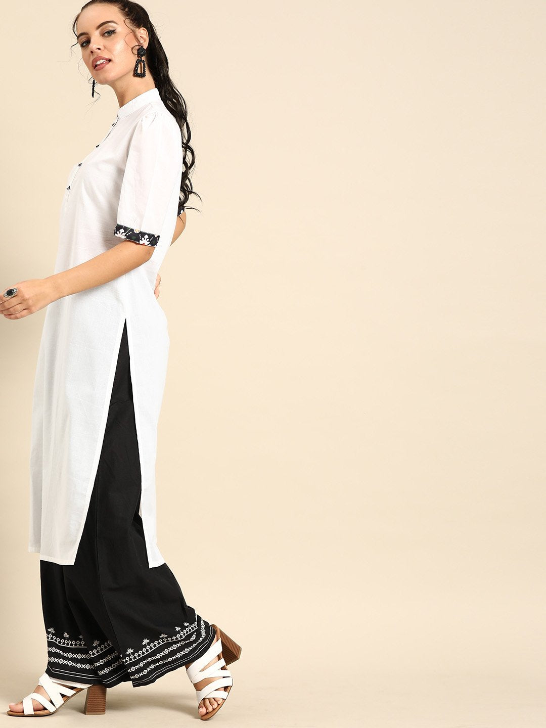 Women White Calf Length Short Sleeves Straight Solid Cotton Kurta with Jacket | NOZ2TOZ - Made In INDIA.