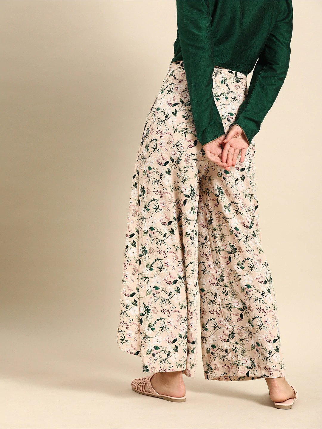 Women Peach-Coloured  Green Printed Wide Leg Palazzos | NOZ2TOZ - Made In INDIA.