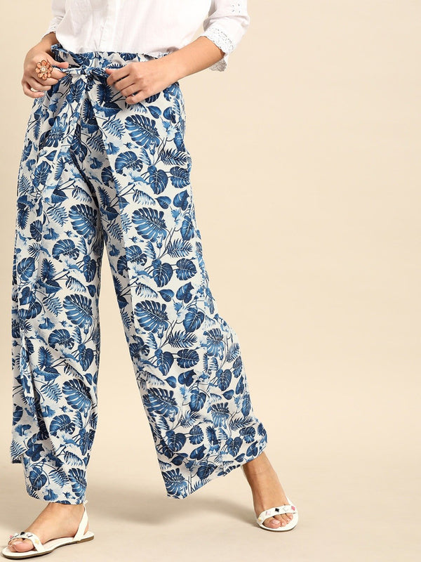 Women Off-White  Blue Printed Wide Leg Palazzos | NOZ2TOZ - Made In INDIA.