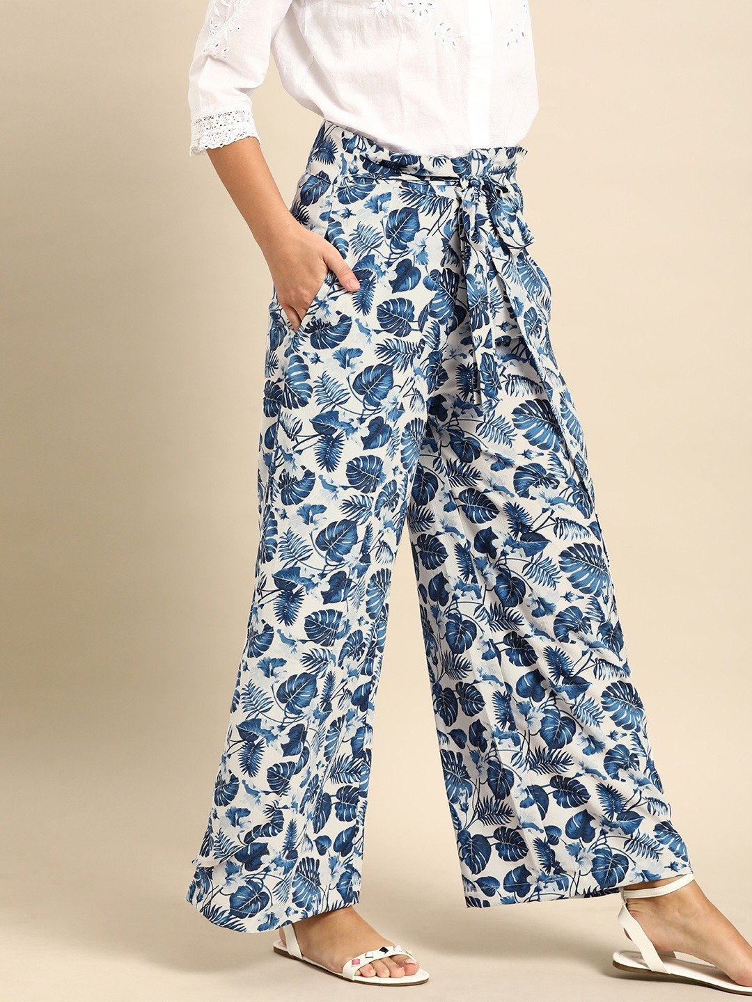 Women Off-White  Blue Printed Wide Leg Palazzos | NOZ2TOZ - Made In INDIA.