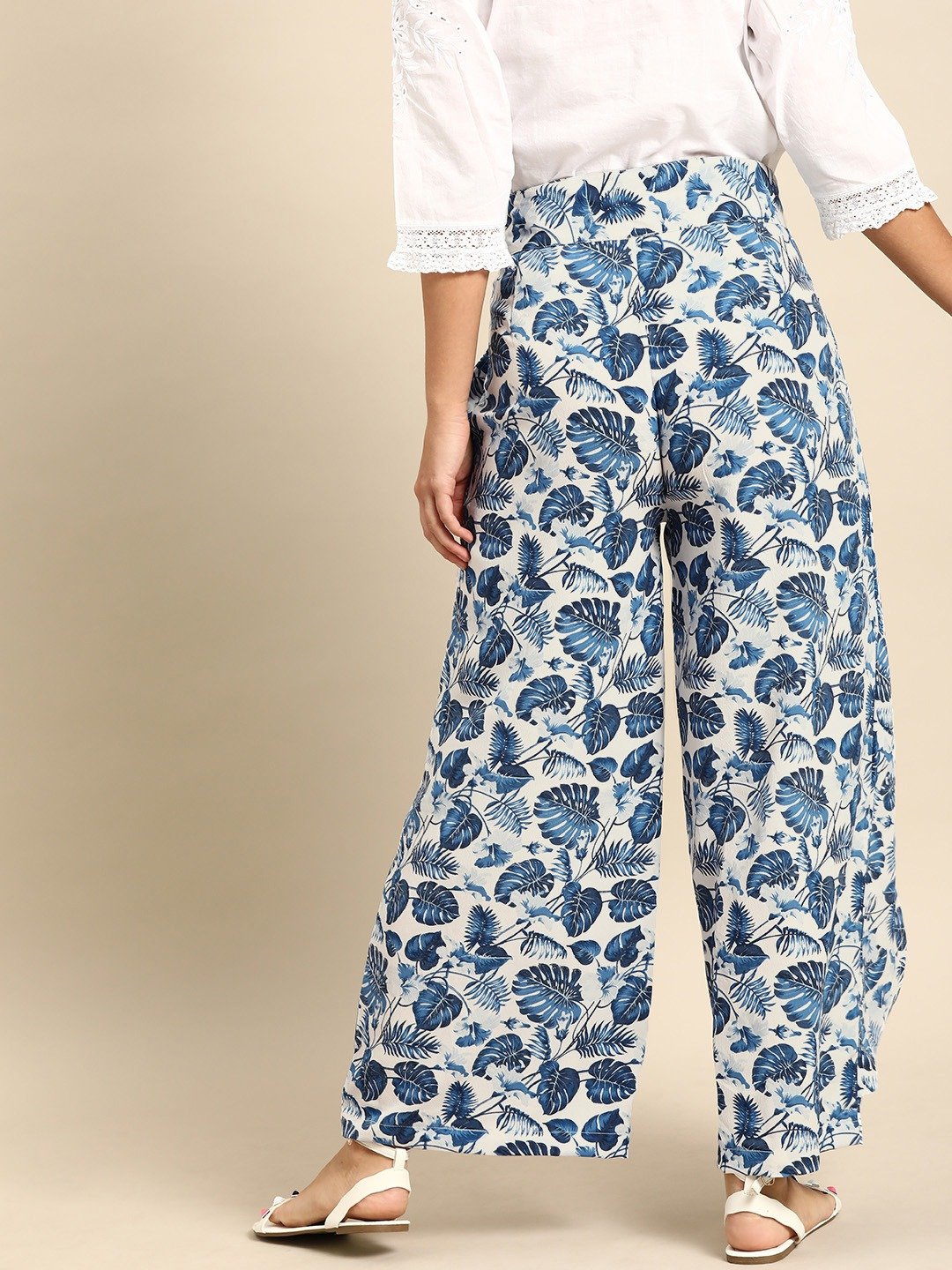 Women Off-White  Blue Printed Wide Leg Palazzos | NOZ2TOZ - Made In INDIA.