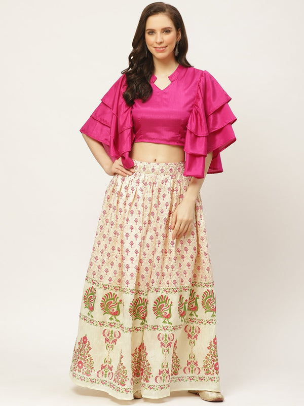 Women Burgundy Silk Blend Mandarin Collar Crop Top with Skirt | NOZ2TOZ - Made In INDIA.