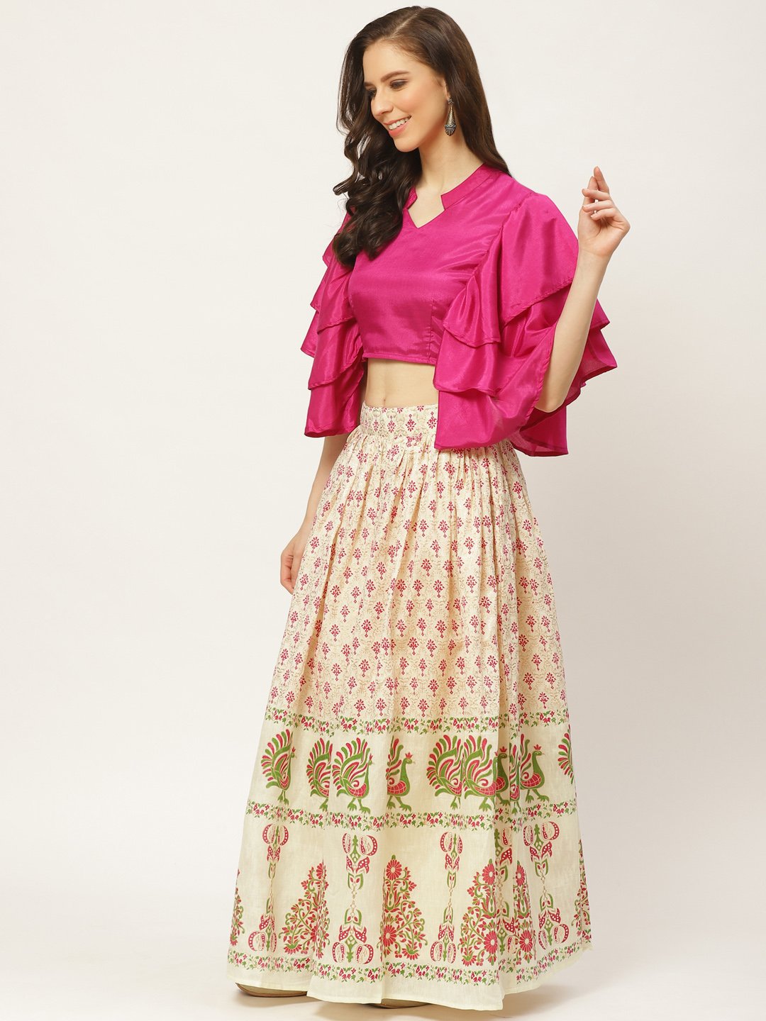 Women Burgundy Silk Blend Mandarin Collar Crop Top with Skirt | NOZ2TOZ - Made In INDIA.