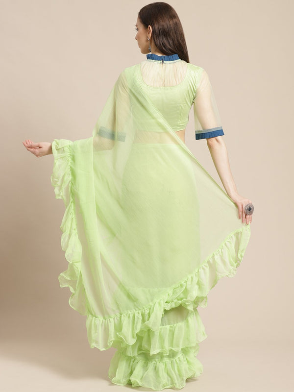 Women Mint Green Ruffled Saree with Ruffled Blouse | NOZ2TOZ - Made In INDIA.