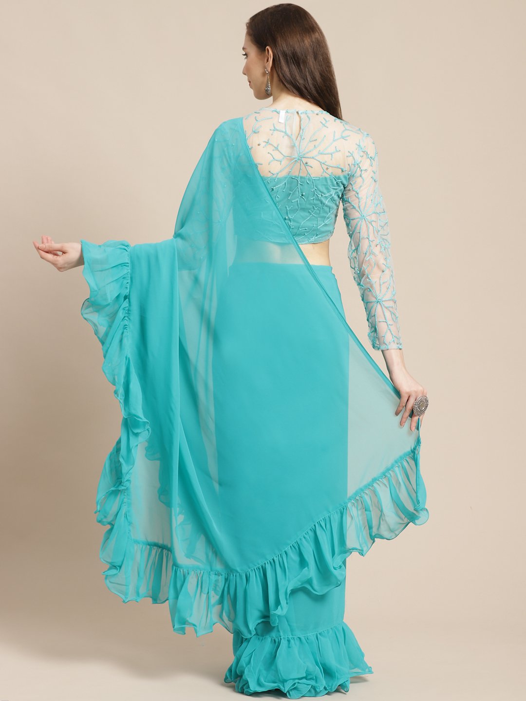 Women Sky Blue Ruffled Saree with Blouse | NOZ2TOZ - Made In INDIA.