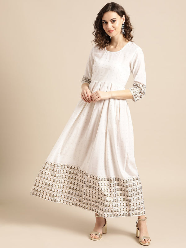 Women White Ethnic Motifs Printed Round Neck Cotton A-Line Dress | NOZ2TOZ - Made In INDIA.