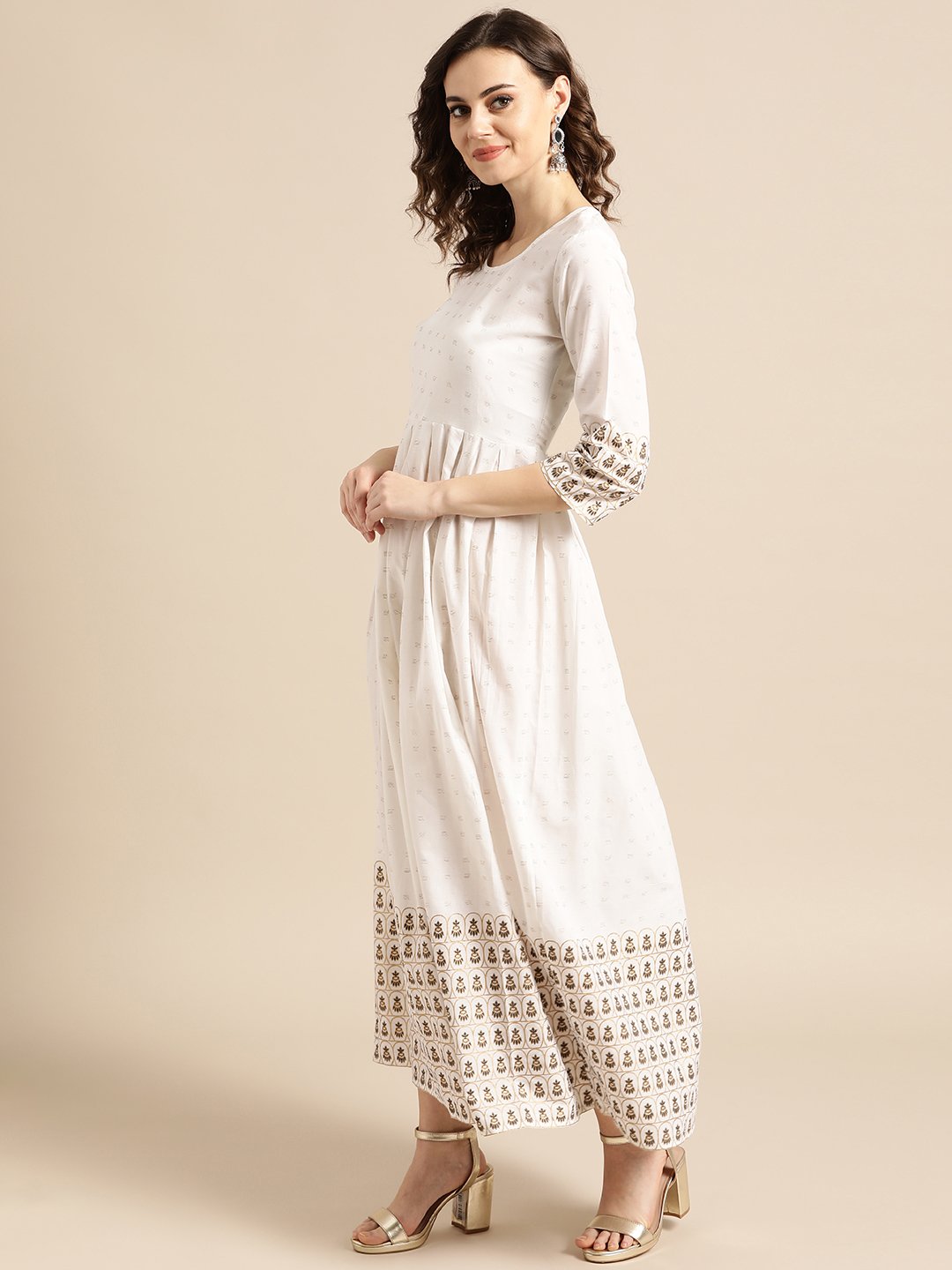 Women White Ethnic Motifs Printed Round Neck Cotton A-Line Dress | NOZ2TOZ - Made In INDIA.