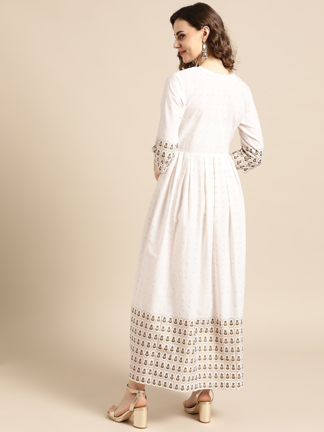 Women White Ethnic Motifs Printed Round Neck Cotton A-Line Dress | NOZ2TOZ - Made In INDIA.