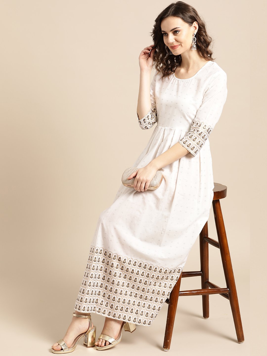 Women White Ethnic Motifs Printed Round Neck Cotton A-Line Dress | NOZ2TOZ - Made In INDIA.