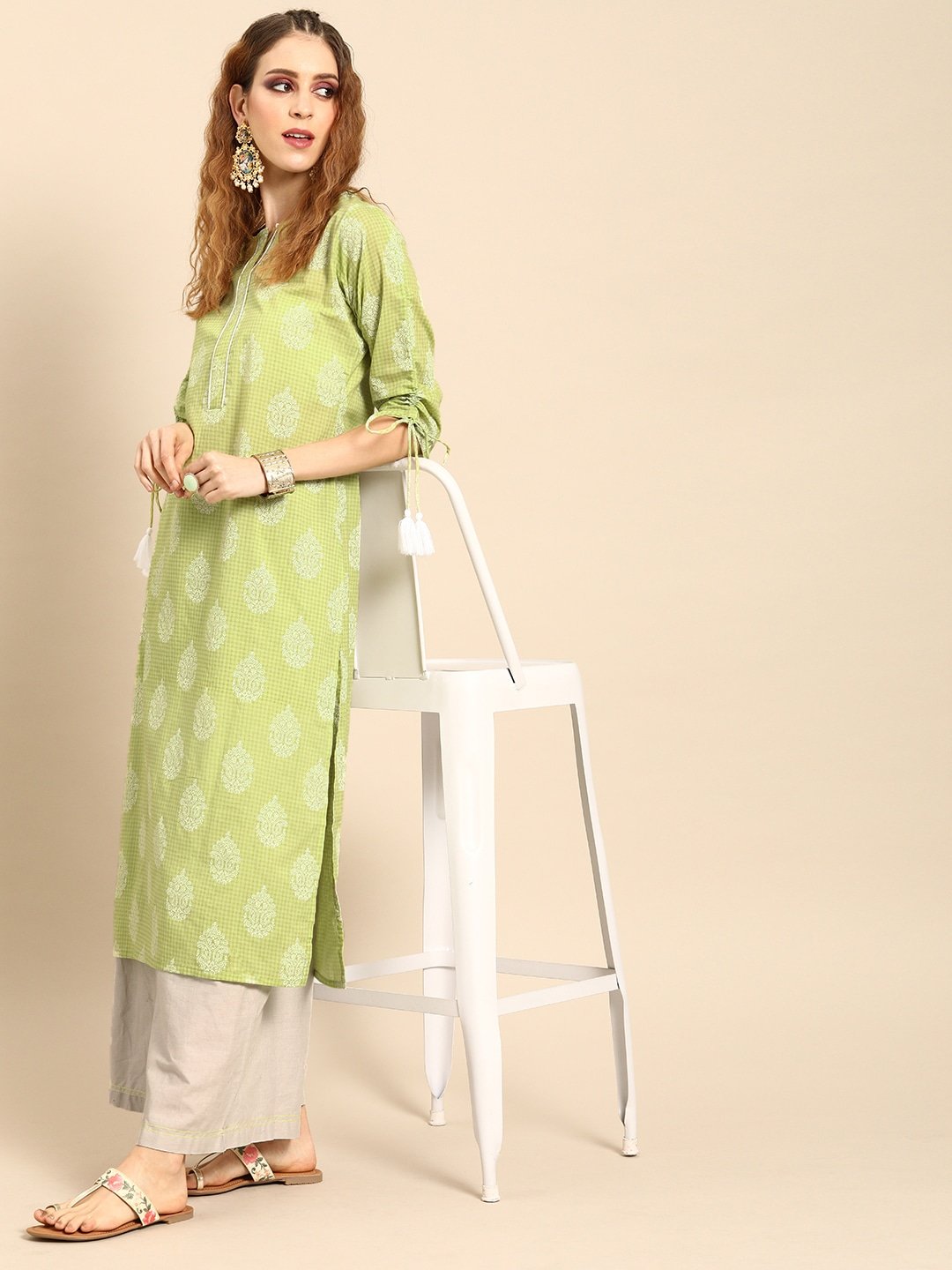 Women Pistachio Green Calf Length Three-Quarter Sleeves Straight Ethnic Motifs Printed Cotton Kurta | NOZ2TOZ - Made In INDIA.