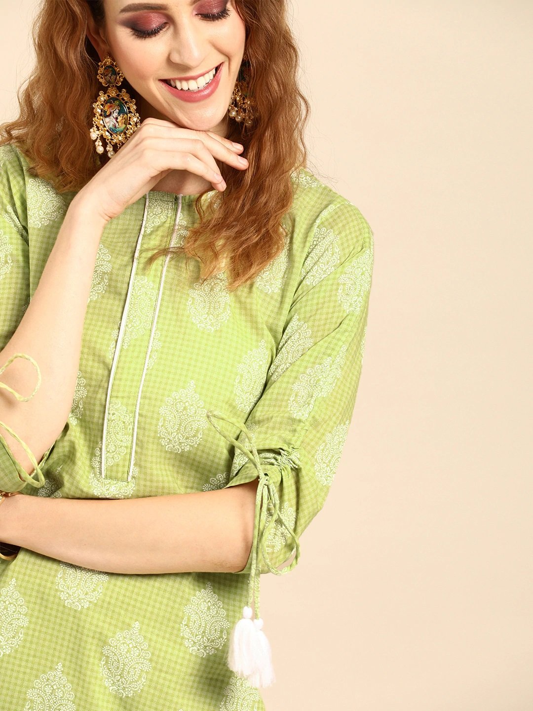 Women Pistachio Green Calf Length Three-Quarter Sleeves Straight Ethnic Motifs Printed Cotton Kurta | NOZ2TOZ - Made In INDIA.