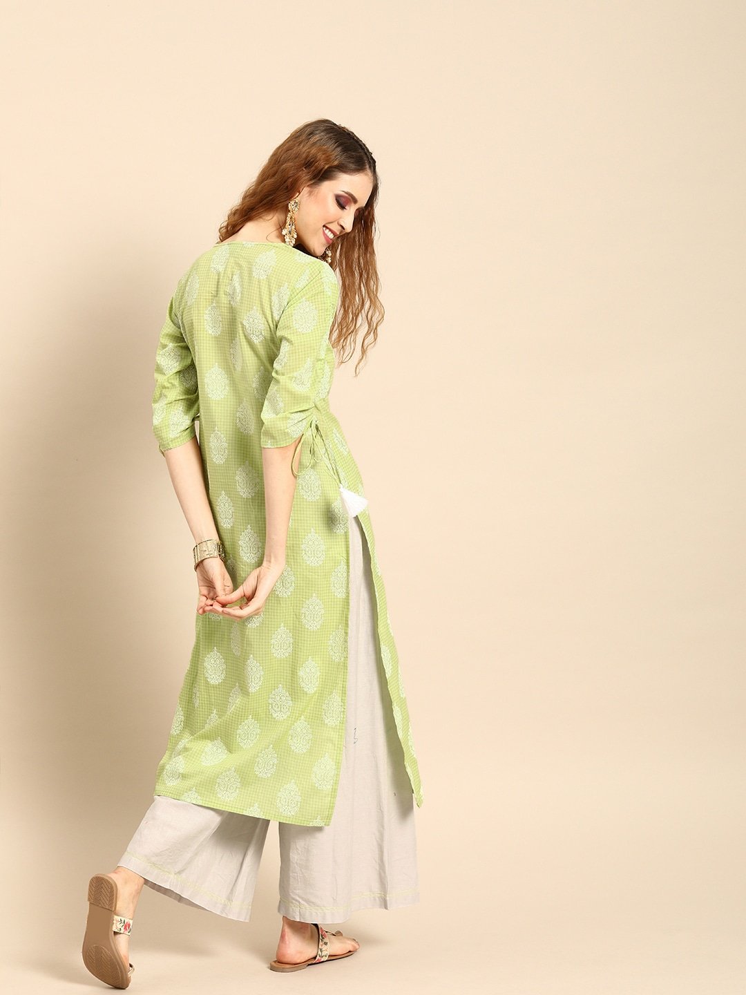 Women Pistachio Green Calf Length Three-Quarter Sleeves Straight Ethnic Motifs Printed Cotton Kurta | NOZ2TOZ - Made In INDIA.