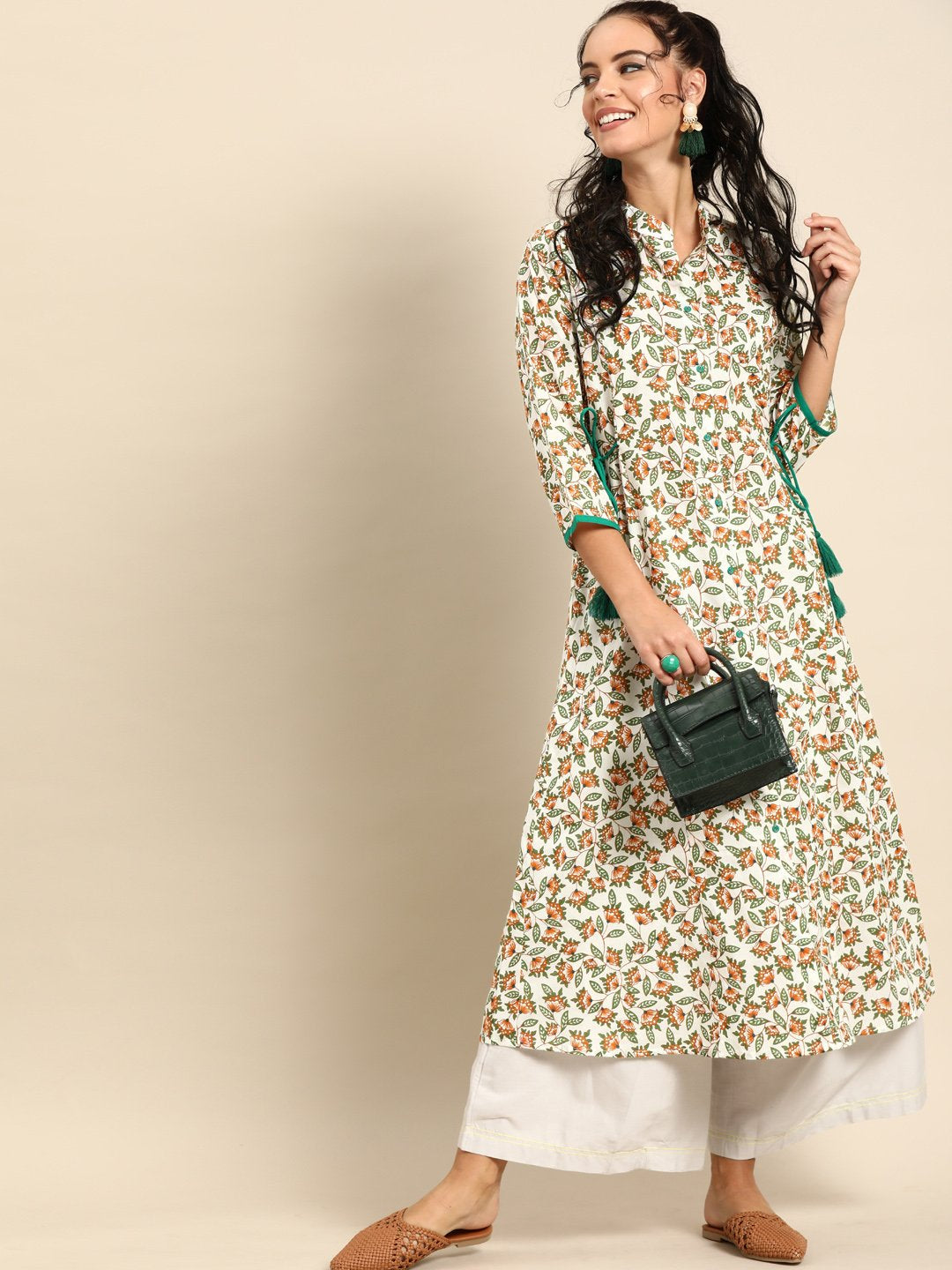 Women Off White Calf Length Three-Quarter Sleeves A-Line Floral Printed Cotton Kurta | NOZ2TOZ - Made In INDIA.