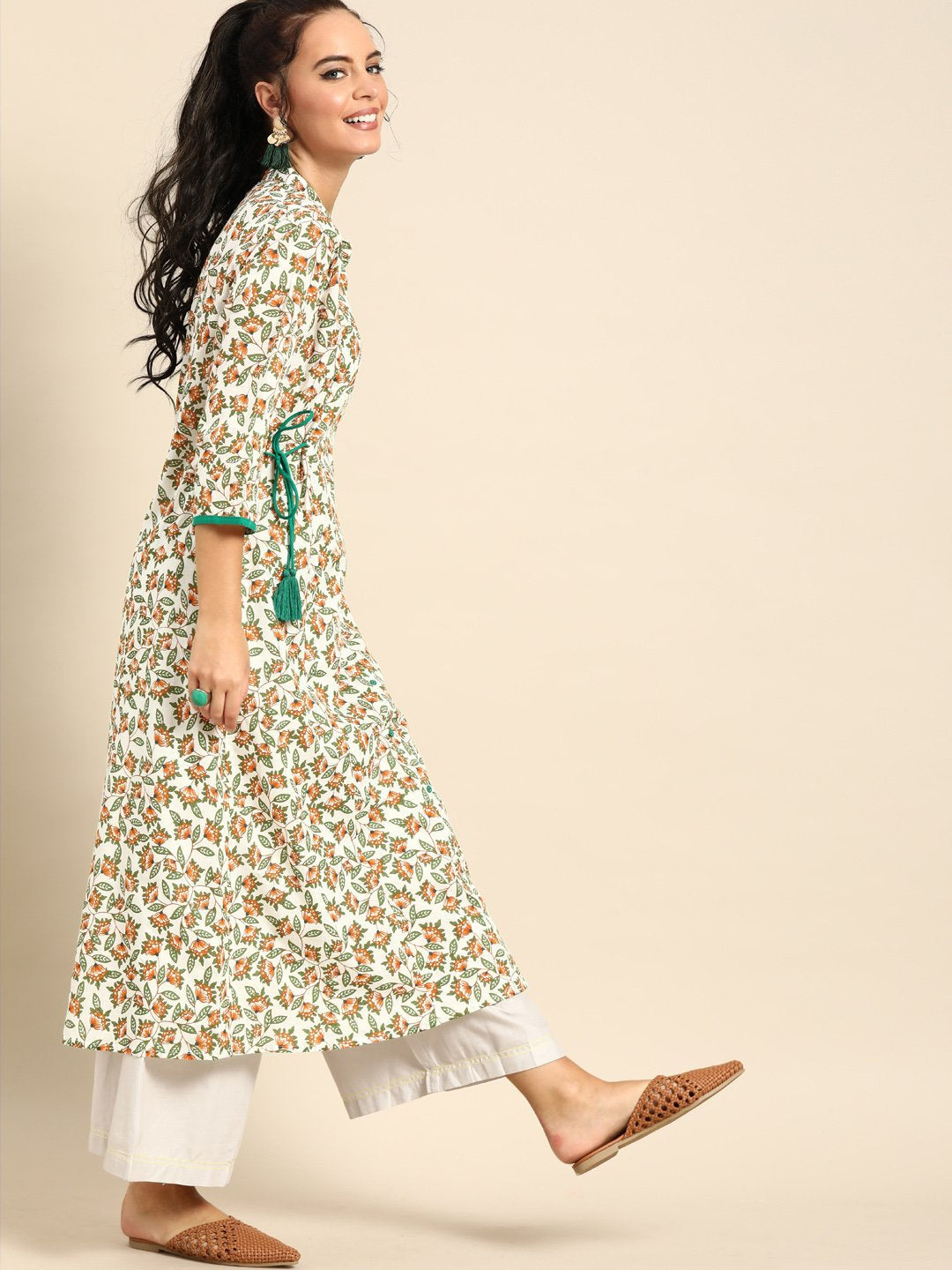 Women Off White Calf Length Three-Quarter Sleeves A-Line Floral Printed Cotton Kurta | NOZ2TOZ - Made In INDIA.