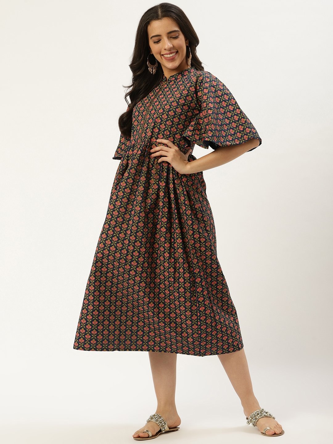 Women Blue Floral Printed Mandarin Collar Cotton Fit and Flare Dress | NOZ2TOZ - Made In INDIA.