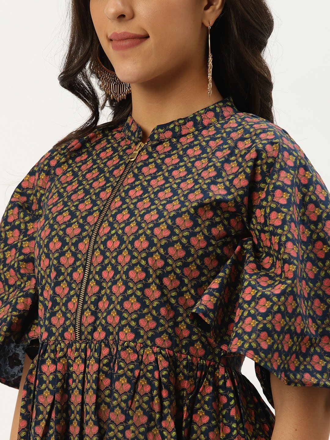 Women Blue Floral Printed Mandarin Collar Cotton Fit and Flare Dress | NOZ2TOZ - Made In INDIA.