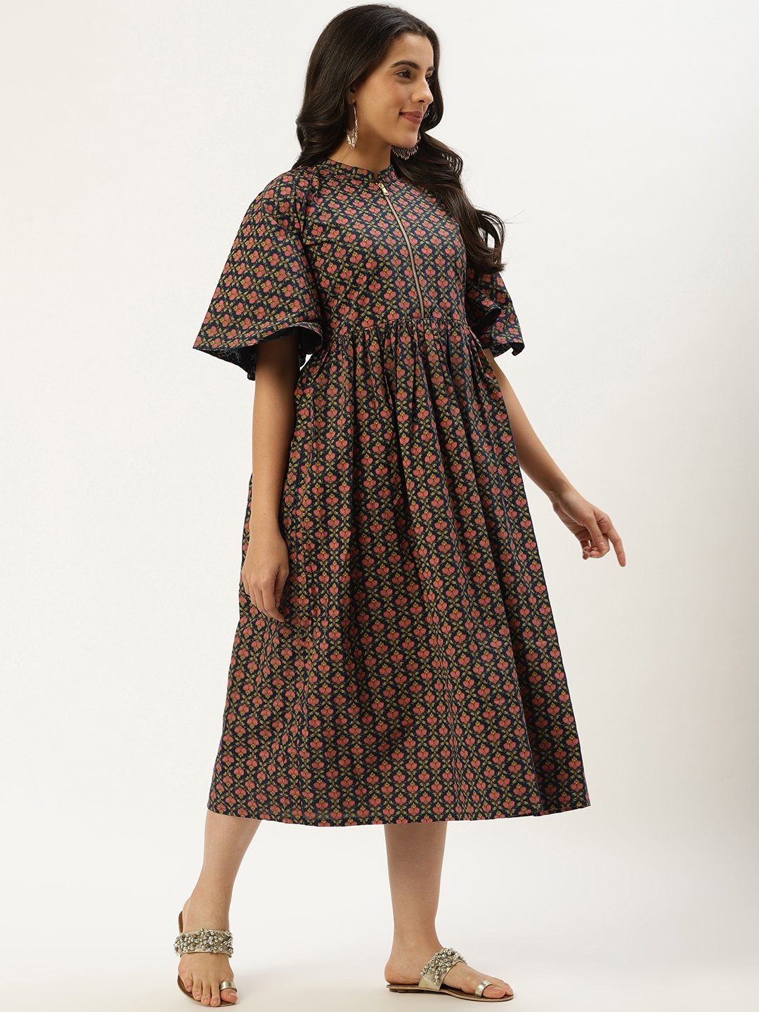 Women Blue Floral Printed Mandarin Collar Cotton Fit and Flare Dress | NOZ2TOZ - Made In INDIA.